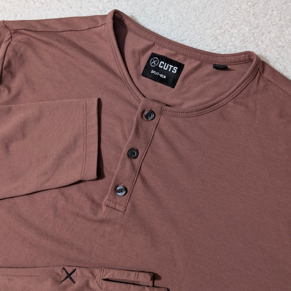 NEW Cuts Henley Mens L Brown L/S Split-Hem Stretch PYCA Pro L1034